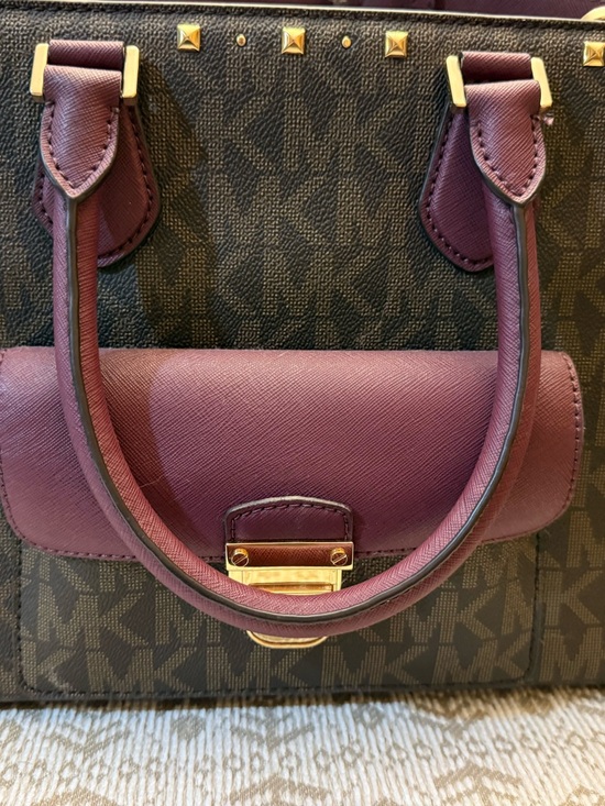 Michael Kors Handbags - Rare Michael Kors Plum and Brown Signature Top-Handle Satchel with Gold Hardware